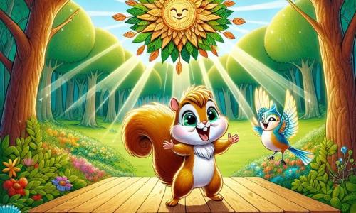 A small squirrel with bright eyes and golden-brown fur, named Sammy, stands on a wooden stage, his heart racing, with an expression of pride and excitement on his face. He holds a beautiful tapestry made of leaves and twigs, depicting a vibrant sunrise over the forest. Next to him, a mischievous little mouse, Max, with gray fur and sparkling eyes, enthusiastically applauds, a big smile on his face. Further away, a lovely blue tit, Bella, with bright feathers, joyfully sings, her wings spread, adding a touch of magic to the atmosphere. The setting is a sunny clearing surrounded by majestic trees with vibrant green leaves, with colorful flowers scattered on the ground. Sunlight filters through the branches, creating a play of shadows and light on the stage. The main scene shows Sammy, the little squirrel, gaining confidence as he presents his artistic creation to his friends, celebrating the power of creativity and friendship in a moment of shared joy.