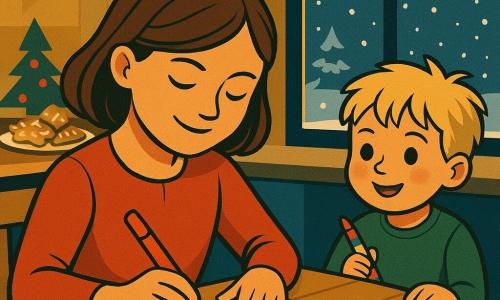A 10-year-old girl, Mila, with brown hair and sparkling eyes, is sitting at a table, focused and smiling, carefully writing her name on a gift tag. Next to her, her 6-year-old brother Theo, a boy with tousled blond hair, watches admiringly, holding a colorful marker. They are in a cozy kitchen, decorated with string lights and Christmas cookies on the counter. Through the window, snow is gently falling, covering the garden with a glistening white blanket. The main scene shows Mila, full of pride and determination, successfully writing her name legibly, a moment of personal triumph in a festive and magical atmosphere.
