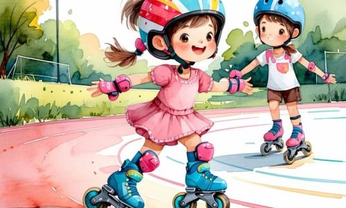 Uma menina de 10 anos, Leonor, rosto redondo, cabelo castanho-claro preso em rabo, confiante e sorridente, com capacete colorido, joelheiras rosa e patins azuis, completando a volta na pista com braços abertos; outra menina de 10 anos, Sara, cabelo curto preto, sorriso encorajador, segura a mão direita de Leonor e patina ao lado, ligeiramente atrás; um menino de ~10 anos, Tomás, cabelo despenteado, camiseta vermelha, um pouco mais adiante fez uma pirueta desajeitada e ri, sentado perto de uma almofada de proteção após uma queda leve; a professora Cátia, cerca de 40 anos, cabelo grisalho-azulado em coque, colete laranja, agachada na beira da pista aplaudindo e incentivando, perto de Leonor; cena numa pista de roller lisa e brilhante, chão creme com reflexos prateados e bordas com almofadas azuis, ao lado de um parque com céu pastel, árvores e bancos de madeira, confetes de luz e sugestão de cheiro de pipoca por pequenas fumacinhas amarelas; situação principal: Leonor no último giro, postura orgulhosa e relaxada, pernas levemente flexionadas, pequena nuvem de poeira sob as rodas, crianças a observam admiradas, ambiente suave, alegre e em movimento.