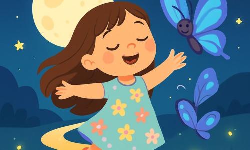 A 4-year-old girl with long brown hair and sparkling eyes joyfully dances on a magical path. She wears a light pastel-colored dress adorned with floral patterns. Her face reflects joy and serenity as she takes a deep breath with her arms open to the starry sky. Next to her, a beautiful luminous butterfly with shimmering blue and purple wings gracefully flies, as if inviting her to dance. It appears happy and friendly, adding a touch of magic to the scene. In the background, the large, gentle moon shines with a silvery light, enveloping the path in its soothing glow. The path is lined with small fireflies that illuminate the darkness, creating a fairy-tale and tranquil atmosphere. The main scene shows the girl and the butterfly dancing together under the moon, surrounded by light and softness, symbolizing a moment of calm and happiness before falling asleep.