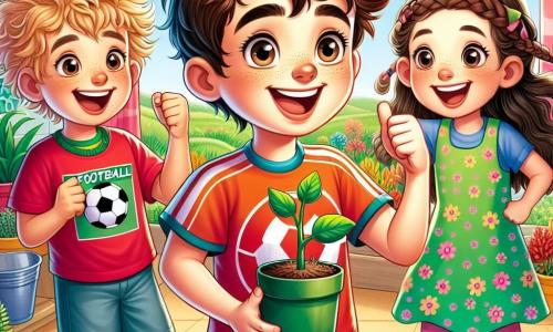 Um menino de 10 anos, chamado Pedro, está no centro da imagem, com um grande sorriso e olhos brilhantes de excitação. Ele tem cabelos castanhos ligeiramente ondulados, usa uma camiseta vermelha com um logo de futebol e um short azul. Pedro segura um pequeno vaso de terra com uma planta verde começando a crescer, simbolizando seu entusiasmo pelo jardinagem. À sua direita, Lucas, outro menino de 10 anos com cabelos loiros bagunçados e uma camiseta verde, o encoraja com um polegar para cima. Ele tem um rosto amigável e está pulando no lugar, cheio de energia. À esquerda, Ana, uma menina de 10 anos com longos cabelos castanhos trançados, usa um vestido florido. Ela sorri e segura um livro sobre plantas, pronta para compartilhar informações com seus amigos. O cenário é uma sala de aula iluminada, com paredes decoradas com desenhos de crianças e janelas que deixam entrar a luz do sol. Mesas de madeira estão dispostas ao redor, e vasos de flores estão nas janelas, adicionando um toque de verde ao ambiente. A situação principal mostra Pedro, Lucas e Ana apresentando seu projeto sobre plantas para os colegas de classe, com cartazes coloridos ao fundo. A atmosfera é alegre e colaborativa, cheia de entusiasmo e camaradagem, ilustrando o espírito de aprendizado e amizade na escola.