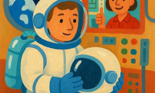 Een volwassen mannelijke astronaut, kalm en geconcentreerd, met een zacht gezicht zichtbaar achter een licht opgezet vizier, draagt een wit-blauw ruimtepak met nette naden, gewatteerde handschoenen en een glanzend zuurstoftankje op de rug en houdt zijn helm in zijn handen; op een scherm achter hem verschijnt een glimlachende vrouwelijke ingenieur van ongeveer 30 jaar met kort kastanjebruin haar en een rood poloshirt die vanuit de zichtbaar achtergrond controleruimte duim omhoog toont; het decor is het gezellige interieur van een ruimteschip met kleurige bedieningspanelen, ronde verlichte knoppen, keurig opgeborgen kabels en een groot rond raam dat de blauwe-witte aarde tegen de sterren toont; hoofdactie: de astronaut controleert zachtjes zijn helm voor de lancering in een rustige, aandachtige sfeer met warm licht op metalen oppervlakken, gouache-accenten, zachte contouren en eenvoudige vormen geschikt voor peuters.