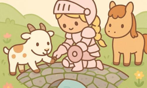 A smiling but focused female knight in pale pink gleaming light armor with a small round shield and braided blond hair gently lowers her head and uses her hands to free a goat's hoof stuck between stones on an old mossy gray stone bridge; a light brown pony named Pip stands beside her with ears forward, calm gaze and a softly swishing tail; the sturdy white goat with brown patches looks relieved; a slow blue river flows below, green hills and colorful wildflowers surround them under a soft pastel sky; a tender, peaceful moment with gentle gestures, warm secure atmosphere, simple clear composition, pastel colors, rounded shapes and clean outlines.
