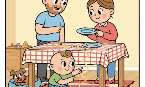 A 2-year-old boy with a round face and light brown tufted hair, big bright eyes and a curious joyful expression, crouching and pointing at a small trail of crumbs and juice on the table; a mother about 32 with brown hair in a bun and a gentle smile stands to the right holding an empty blue plate and watching him; a father about 34 with a short haircut and light beard stands left behind the boy, smiling and pointing at the dog bed; a small brown dog named Coco with a wet nose and almond-shaped eyes lies in its bed beside an overturned blue bowl and some green peels; warm kitchen with soft yellow light, light wooden table with a red checkered cloth, colorful rug under the table and a wooden toy box in the background; main scene shows the little investigation as the boy follows a thin trail from the empty bowl to the dog’s bed, playful caring atmosphere, bright colors, rounded shapes and simple silhouettes.