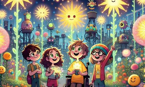 In einem magischen Garten von Glitzeropolis stehen vier Kinder zusammen. Max, ein 10-jähriger Junge mit zerzausten braunen Haaren und einem großen Lächeln, schaut staunend auf die leuchtenden Pflanzen. Neben ihm zeigt Mia, ein 9-jähriges Mädchen mit lockigem Haar und einem gelben T-Shirt mit einer Sonne, auf eine funkelnde Blume. Lukas, ein 11-jähriger Junge im Rollstuhl mit runden Brillen und neugierigem Blick, beobachtet die tanzenden Roboter um sie herum. Schließlich hält Emily, ein 10-jähriges Mädchen mit glattem Haar und einem bunten Hut, einen kleinen Blumentopf mit einem strahlenden Lächeln in der Hand, bereit, eine der magischen Samen zu pflanzen. Der Garten ist ein bezaubernder Ort, gefüllt mit Pflanzen in leuchtenden Farben, die wie Sterne funkeln. Sternenförmige Blumen schweben in der Luft, und kleine runde Roboter mit lächelnden Gesichtern tanzen fröhlich um die Kinder. Der Himmel ist strahlend blau, und Regenbögen funkeln in der Ferne. Die Kinder entdecken die magischen Pflanzen, die Wünsche erfüllen können, lachen und haben Spaß zusammen, bereit, die Samen zu pflanzen, die sie erhalten haben, um ihre futuristische Stadt noch heller erstrahlen zu lassen.
