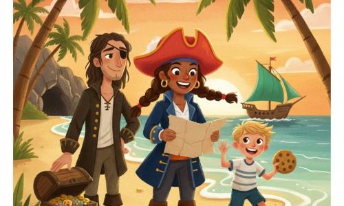 Die Protagonistin ist die Piratenkapitänin Jule, mutig und lächelnd, mit großem rotem Hut, marineblauer Jacke mit goldenen Knöpfen, braunen Zöpfen und einer zerknitterten Pergament-Schatzkarte in den Händen, neben ihr der etwa siebenjährige Max, energiegeladen und staunend, blond zerzaust, mit einem Keks in der Hand, und Finn, ca. 30–35, schlank, mit leicht zerzaustem braunem Haar und Augenklappe, halb lächelnd, die Hand auf einer kleinen offenen Holzkiste, alles an einem tropischen Strand bei Sonnenuntergang (goldener Sand, Palmen, sanfte Wellen, dunkler Höhleneingang, ein grünes Segelschiff nahe dem Ufer), warme Atmosphäre, gesättigte Farben, runde Formen und gouacheartige Textur.