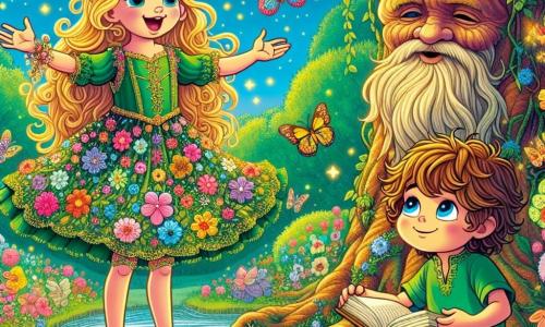 Hay dos personajes principales: 1. **Sofía**, una niña de 8 años, con cabello dorado como el sol, vestida con un vestido colorido adornado con flores. Está de pie, con los brazos abiertos, maravillada por la belleza del jardín. 2. **Lucas**, un niño de 8 años, con ojos azules brillantes y cabello castaño desordenado, vestido con una camiseta verde y un pantalón corto. Está sentado en una piedra, sosteniendo un libro abierto, mirando atentamente a Sofía con una sonrisa curiosa. El lugar es un jardín mágico, lleno de flores brillantes de todos los colores, con mariposas danzando y un pequeño arroyo brillante que serpentea entre las plantas. En el centro, un árbol antiguo, majestuoso y sabio, con una corteza rugosa y una cara amigable, parece escuchar a los niños. La situación principal muestra a Sofía y Lucas escuchando atentamente los consejos del gran árbol, que les habla sobre los valores de la amistad, la verdad y la libertad, mientras rayos de sol filtran a través de las hojas, creando una atmósfera cálida y encantada.