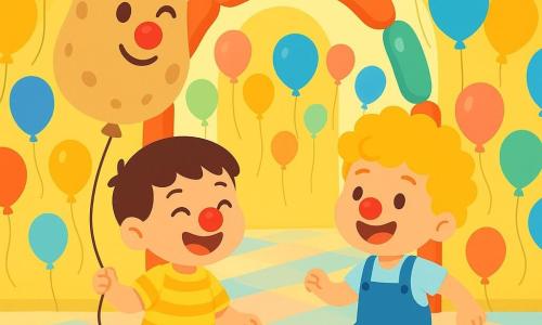 Hay tres personajes: Leo, niño de unos 3 años y medio, pelo corto castaño, ojos redondos, camisa amarilla a rayas y una pequeña nariz de payaso roja, a la izquierda riendo y sujetando un hilo de globo; Bruno, niño de similar edad, pelo rubio rizado, peto azul, sonrisa amplia, a la derecha saltando ligeramente y mirando a Leo, también con una nariz de payaso roja; y un gran globo-patata antropomorfo beige con manchas marrones, un ojo guiñando y una cuerda como brazo, que flota detrás señalando con su cordón un arco de globos. Lugar: un atrio lleno de cientos de globos flotantes, suelo tipo tablero pastel que parece rebotar, luz cálida amarilla y guirnaldas de puntos además de "salchichas" de globos formando un arco. Situación: los dos niños ríen juntos delante de una puerta-arco hecha de globos en forma de salchicha que se abre suavemente; ambiente absurdo y jocoso, colores vivos, texturas lisas, formas redondeadas e hinchadas, expresión alegre y curiosa.