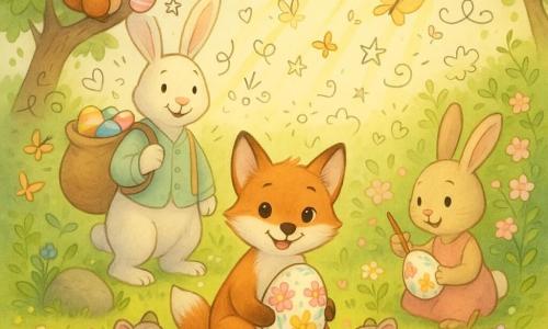 Die Hauptfigur ist der kleine rote Fuchs Felix, fröhlich und neugierig, hockt in der Mitte und hält ein großes, mit Blumen bemaltes Ei, hinter ihm links steht freundlich der lächelnde weiße Osterhase in pastellfarbener Weste mit einem Sack voller bunter Eier, rechts nahe einem blühenden Busch sitzt die konzentrierte kleine beige Häsin Lotte mit Pinsel und bemaltem Blümchen‑Ei, oben links auf einem Ast hockt der schelmische rote Eichhörnchen Max mit einem gestreiften Ei, vorn auf einem Stein sitzt die fröhliche graue Maus Mia mit einem Minikorb voller Eier; Schauplatz ist eine frühlingshafte Lichtung mit grünem Gras, bunten Blumen, Bäumen, goldenen Sonnenstrahlen, einigen Steinen, Büschen und Schmetterlingen, Szene: Freunde verstecken und suchen Ostereier am sonnigen Nachmittag, helle fröhliche Stimmung, kräftige Farben, kindgerechte, zentrale Komposition mit spielerischen Doodle‑Überlagerungen (Herzen, Sterne, Pfeile).