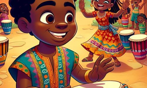 Kofi, un giovane uomo africano di circa 20 anni, ha la pelle di un ricco tono cioccolato e capelli crespi, indossa una tunica colorata decorata con motivi tradizionali. Il suo viso esprime gioia e meraviglia mentre suona il tamburo, le sue mani danzano sullstrumento con entusiasmo. Accanto a lui, Amina, una donna di circa 25 anni, con capelli intrecciati e un sorriso splendente, lo incoraggia ballando. Indossa un vestito vibrante dai colori caldi e si tiene leggermente in disparte, con le mani alzate per applaudire Kofi. La scena si svolge nel Villaggio dei Tamburi, un luogo vivace, pieno di case in terracotta con tetti di paglia, circondato da grandi alberi verdi. Tamburi colorati sono disposti intorno a loro, e bambini ridono e ballano al ritmo della musica. La situazione principale mostra Kofi mentre suona il tamburo, circondato da risate e musica, celebrando l'amicizia e la gioia di vivere in un'atmosfera festosa e calorosa.
