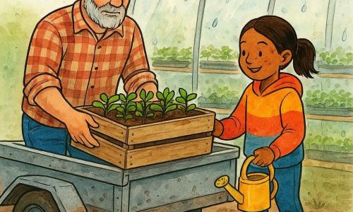 A fiftyish bearded farmer with soft wrinkles, calm expression, canvas cap, plaid shirt and muddy boots gently lifts a crate of seedlings beside a gray metal trailer; Mia, about nine, hair in a ponytail, dirt-smudged face and focused smile, wearing a colorful sweatshirt and sneakers and holding a small watering can, stands to his right helping place the plants in a translucent plastic greenhouse softly lit inside, with rows of trays of young shoots, droplets on the walls and a dark wet floor; the trailer has worn wooden boards, slightly muddy wheels and a visible hitch; the scene captures their cooperation as they load and move crates of compost and plants from the trailer into the greenhouse with precise gestures and a quiet, caring working atmosphere.