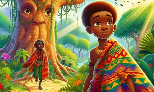 Kofi, an 18-year-old man with warm brown skin and curly hair, wears a colorful African-patterned wrap. His face shows courageous determination, with bright eyes and a confident smile. He stands in the center of a forest, holding a carved wooden drum in one hand and a water gourd in the other, ready to venture down a mysterious path. Next to him, a majestic old baobab with wide leafy branches seems to listen attentively, its thick roots surrounding Kofi as if encouraging him to move forward. In the background, colorful birds fly in the sky, adding life to the scene. The dense forest allows sunlight to filter through the green foliage, creating bright patterns on the ground. Vibrant flowers and lush ferns surround Kofi, while the distant sound of a river can be heard. The main situation shows Kofi, hesitant yet resolute, facing a path that splits into three directions, each shimmering with mysterious light. He prepares to choose his path, determined to uncover the secret troubling the harmony of his village.