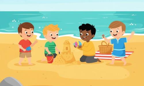 Hay cuatro niños de 4 años en una playa de arena dorada junto al mar turquesa: un niño de cabello corto castaño con camiseta roja y pantalón corto beige sostiene una pala azul a la izquierda y mira al mar; un niño rubio despeinado con camiseta verde a rayas sostiene un cubo rojo al centro-izquierda y sonríe mientras cava; un niño de cabello negro con sudadera amarilla arrodillado al centro-derecha muestra una concha colorida; un niño castaño con túnica corta azul sostiene una piedra pintada a la derecha y gesticula contando una historia; juntos construyen una torre de arena, buscan y comparten conchas riendo; hay rocas grises con una charca donde se ve un pez naranja, una toalla a rayas y una cesta de mimbre detrás, cielo claro con pocas nubes y luz cálida de la tarde creando una atmósfera alegre.