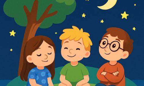 Ci sono 3 personaggi: - Anna: una ragazza di 6 anni con lunghi capelli castani, indossa un vestito blu a fiori. È seduta sull'erba, con gli occhi chiusi, respirando profondamente. - Leo: un ragazzo di 5 anni con capelli biondi arruffati, indossa una maglietta verde e pantaloni corti. Sorride pacificamente, con le mani sulle ginocchia, seduto accanto ad Anna. - Tommaso: un ragazzo di 6 anni con capelli castani e occhiali rotondi, indossa un maglione rosso. È leggermente indietro, con le braccia incrociate, osservando il cielo stellato con meraviglia. Il luogo è un'isola tranquilla, circondata da un cielo notturno stellato. L'erba è morbida e verde, punteggiata di piccoli fiori bianchi. Un grande albero antico si erge accanto a loro, con rami che si estendono come braccia protettive. La luna brilla dolcemente, illuminando la scena con una luce argentata. I bambini sono seduti insieme, immersi in un momento di calma e serenità, ascoltando l'albero che racconta loro una storia magica sotto il cielo stellato. Le stelle scintillano intorno a loro, creando un'atmosfera pacifica e rasserenante.