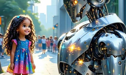 Een 6-jarig meisje, Lila, met lange krullende haren en sprankelende nieuwsgierige ogen, staat voor een grote glanzende machine in het Technologiepark. Ze draagt een kleurrijke jurk met sterrenpatronen en een grote glimlach op haar gezicht, die haar opwinding laat zien. Naast haar staat Robo, een vriendelijke humanoïde robot met een zilveren metalen lichaam en knipperende lichten op zijn borst. Hij heeft een blije en aanmoedigende uitdrukking en houdt een bord met fonkelende sterren vast. Het Technologiepark is een magische plek, vol futuristische machines, kleurrijke hologrammen en interactieve spellen, met spiraalvormige bomen en paden van gloeiende stenen. De lucht is helderblauw, bezaaid met wattenachtige wolken. Lila en Robo staan voor de machine die felle lichten uitstraalt, terwijl Lila enthousiast op een knop drukt, klaar om de uitdaging van de machine aan te gaan en te leren terwijl ze plezier heeft.