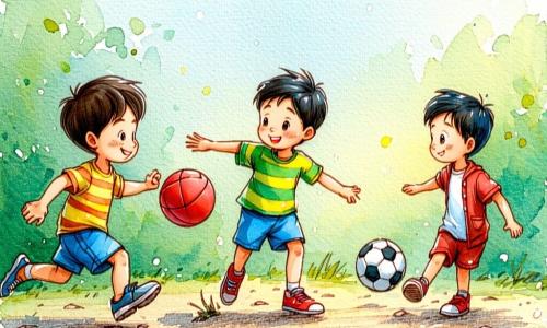 Três amigos num parque ensolarado: João, 6 anos, cabelo castanho curto, camisola amarela às riscas e calções azuis, corre à esquerda com uma bola pequena vermelha e sorri; Pedro, 7 anos, cabelo preto desgrenhado, t-shirt verde e ténis vermelhos, está ao centro pronto para chutar; Lucas, 6 anos autista, cabelo loiro claro em corte tigela, casaco azul-claro, sentado à direita num banco com um grande caderno azul coberto de autocolantes, olha os amigos com um sorriso calmo; jogam à bola perto do banco, os outros o encorajam sorrindo; ambiente acolhedor, cores vivas e traços suaves.