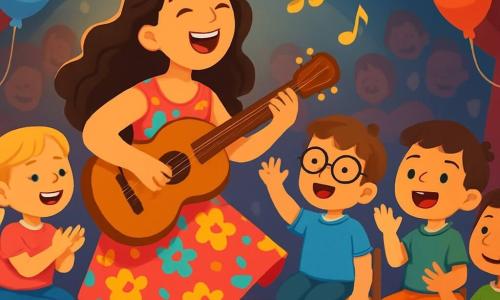 Radosna kobieta w wieku około trzydziestu lat, z długimi kręconymi brązowymi włosami i szerokim uśmiechem, stoi na scenie z drewnianą gitarą w rękach. Ma na sobie kolorową sukienkę w kwiaty, która wiruje wokół niej podczas śpiewania z pasją. Obok niej siedzi grupa czterech dzieci w wieku od 6 do 8 lat na drewnianych krzesłach. Dziewczynka z warkoczami i różowym t-shirtem entuzjastycznie aplauzuje. Chłopiec w okrągłych okularach i brązowych włosach, ubrany w niebieski t-shirt, radośnie śpiewa, podnosząc ręce. Scena odbywa się w dużej sali koncertowej, ozdobionej migoczącymi girlandami świetlnymi i kolorowymi balonami. Publiczność składa się z uśmiechniętych rodzin, a powietrze wypełnia radosna atmosfera. Kobieta śpiewa chwytliwą melodię, podczas gdy dzieci ją wspierają, bijąc brawo i śmiejąc się, tworząc atmosferę radości i koleżeństwa.