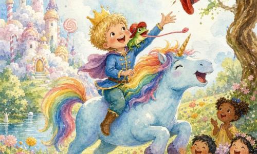 O príncipe, cerca de 6 anos, cabelo curto e loiro, com pequena coroa amarela e sorriso, sentado nas costas da unicórnio azul-pastel de crina arco-íris, estende o braço por um chapéu; uma pequena rã verde e brilhante, de grande chapéu vermelho, está no ombro do príncipe pronta para pegá-lo; ao fundo um jardim encantado diante de um castelo de nuvens e doces, chão de relva com flores, um lago à esquerda e uma árvore de tronco torto à direita; a cena mostra o chapéu caindo do galho, o príncipe e a rã esticando-se e a unicórnio empinando-se, todos rindo em movimento alegre.