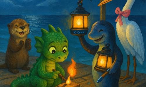 Pip, a small friendly dragon with shiny green scales and curious eyes, sits on a weathered wooden dock holding a small wooden tool and a short flame to heat glass, focused; Mira, an anthropomorphic bioluminescent eel with glossy blue-black skin and a tired but relieved expression, stands nearby holding a repaired lantern and a blue brush as she hangs another lantern; Ollie, a joyful otter with wet brown fur, claps from the left edge of the dock, smiling at Pip and Mira; Mrs. Heron, a tall egret with a pink ribbon on her beak, stands to the right, wings folded and watching kindly; the old sea-worn dock has cracked planks, metal hooks with faded blue 