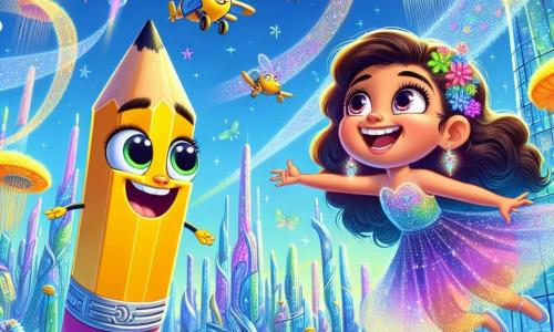 Un pequeño lápiz amarillo brillante, llamado Pipo, con una sonrisa alegre dibujada en su punta, flota en el aire, con los ojos muy abiertos de asombro mientras descubre una ciudad futurista. A su lado, una niña llamada Lila, con un rostro sonriente y cabello colorido, lleva un vestido brillante que resplandece como estrellas. Ella extiende la mano hacia Pipo, animándolo entusiastamente a explorar este nuevo mundo. El decorado es una ciudad de Brillantis, llena de edificios de vidrio con formas onduladas, iluminados por luces multicolores, y jardines colgantes donde las flores bailan al ritmo del viento. La escena principal muestra a Pipo y Lila flotando juntos, maravillados por la belleza de la ciudad, mientras una nube de flores coloridas gira a su alrededor, creando una atmósfera mágica y alegre.