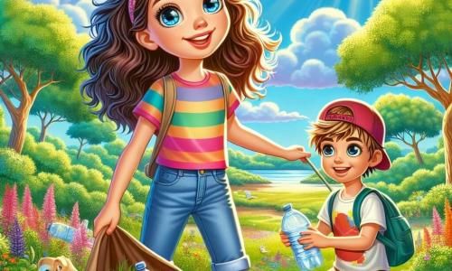 Una ragazza di 12 anni, Sofia, con lunghi capelli ricci e occhi pieni di curiosità, si trova al centro di un prato verde, con un grande sorriso sul volto. Indossa una maglietta colorata e un pantaloncino di jeans, tenendo una borsa di tela piena di rifiuti riciclabili che ha appena raccolto. Accanto a lei, il suo amico Luca, un ragazzo di 11 anni con capelli castani arruffati e un cappellino, la aiuta a raccogliere rifiuti, tenendo un bicchiere di plastica in mano. Sullo sfondo si vedono alberi maestosi con foglie brillanti, fiori colorati sparsi sul terreno e un cielo blu luminoso punteggiato di nuvole bianche e soffici. La scena trasmette un'atmosfera gioiosa e dinamica, illustrando il momento in cui Sofia e Luca si impegnano insieme in una missione di pulizia della natura, circondati dalla bellezza della riserva naturale.
