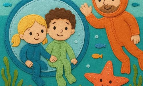Four characters in a soft, bright underwater scene: Mia, 4, blonde pigtails, curious, in a bright blue wetsuit sitting left in a round glass bubble boat holding Leo’s hand; Leo, 4, curly brown hair, smiling, in a light green wetsuit sitting right looking out; a friendly adult diver with a round face and short beard in an orange suit waving outside the porthole; and a sparkling coral-colored starfish with five pointed glittery arms on the sand appearing to wink and guide them. The transparent bubble boat gently descends over cream sand, turquoise water, swaying green seaweed, pearl-like fish, and rising bubbles. Style: textile flats with visible seams, felt and stitched fabric textures, bright simple shapes for 4-year-olds.