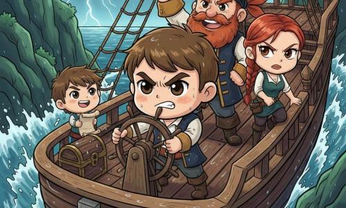 Milo is a young adult with a round expressive face, large determined eyes and short rain‑slicked brown hair, gripping the ship's wheel with a tense but brave posture, furrowed brows and a set mouth; Captain Brine is a stocky man around 50 with a thick red beard, wide smile and mischievous eyes, standing behind Milo on deck with a raised fist, energetic and confident; Saffron is about 28, red hair in a braid, sharp eyes and a firm jaw, kneeling on the rail next to Milo ready to give an order; Bo is a small enthusiastic twelve‑year‑old with messy hair clutching a wet parchment by the chest near a chest, looking admiringly at Milo. The setting is an old wooden ship deck with wet pulleys and ropes, a rough green‑blue sea with foamy waves and a crescent reef ahead, dark cliffs in the background and a dramatic stormy sky. The main scene shows the ship straining through a narrow tooth‑like reef passage with splashes, distant thunder, contrasting light from lightning and wet reflections on wood; the mood is tense but heroic. Visual style: saturated colors, sharp outlines, chibi proportions (big heads, small bodies), strong wood and water textures, visible raindrops and exaggerated readable expressions for children.