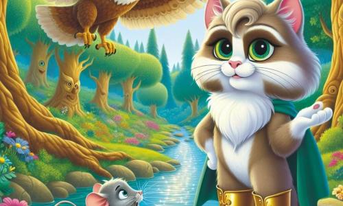 El Gato con Botas, un gato elegante con pelaje sedoso y ojos brillantes como esmeraldas, se erige orgullosamente sobre una piedra al borde de un arroyo centelleante. Lleva botas de cuero dorado que brillan bajo el sol, y su expresión es decidida y valiente, listo para defender a su amigo. A su lado, Miguelito, un pequeño ratón de pelaje gris y grandes orejas, mira al Gato con admiración. Tiene un aire preocupado pero esperanzado, manteniéndose ligeramente atrás, con las patas temblorosas, mientras observa el cielo donde se acerca un gran búho. El gran búho, con plumas marrones y blancas, ojos redondos y penetrantes, planea majestuosamente sobre ellos, pareciendo indeciso. Está descendiendo lentamente, curioso por lo que sucede abajo. La escena se desarrolla en un bosque encantado, donde árboles de troncos retorcidos y hojas vibrantes rodean un arroyo de aguas cristalinas. Flores multicolores bordean el camino, y rayos de sol atraviesan el follaje, creando una atmósfera mágica. La situación principal muestra al Gato con Botas enfrentándose valientemente al búho que se aproxima, listo para defender a su amigo, ilustrando un momento de tensión y valentía en esta aventura mágica.