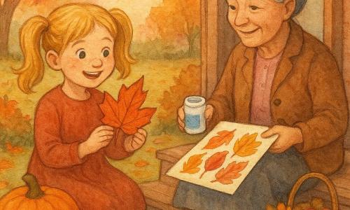 An 8-year-old girl with golden blonde pigtails, a round freckled face and a delighted smile gathers red, orange and yellow leaves and holds a large veined leaf while her kind, ~70-year-old grandmother with gray hair in a bun and gentle wrinkled features sits on a wooden porch step, shows a scrapbook page and hands her a jar of glue; a large orange pumpkin sits by a wicker basket of leaves and apples in an autumn garden of crisp leaf-covered lawn, textured brown tree trunks, coppery bushes and a peachy sunset sky — the centered, warm scene shows them gluing leaves onto a large white sheet on their laps in golden light, with visible paper and paint textures, a warm autumn palette and a soft granular watercolor style with delicate strokes and light shadows, evoking nostalgia.