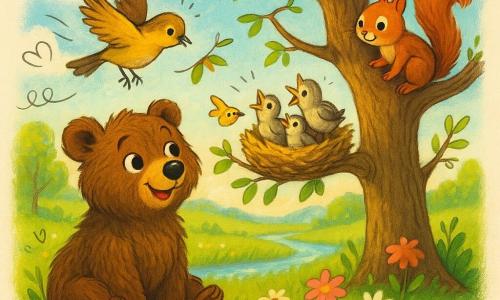 A young brown bear with soft shaggy fur, round bright eyes and a curious, joyful expression sits on its hind legs beneath a tree watching a nest; a small colorful mother bird with yellow-and-brown plumage lands on a branch to feed three tiny fluffy cream-and-mottled-gray chicks that gape and chirp in the nest; Daisy the red squirrel with a bushy tail perches on a nearby branch, mischievous and kind, observing; setting: a bright spring meadow with tender green grass, pink and white wildflowers, a sparkling stream and pale blue sky with a few fluffy clouds; main scene: a peaceful spring morning with golden sunlight filtering through leaves and a soft, lively atmosphere; graphic style: vivid contrasting colors, warm rounded lines, visible fur and feather textures, composition centered on the tree and group with doodle overlays of flowers, musical notes and wind lines.