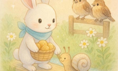 Main character: a small white rabbit with pink ears, a sky-blue scarf, round bright eyes and a proud, reassured expression, gently holding a wicker basket of golden muffins; secondary: a pearlescent-shelled snail beside the rabbit on a light-plank bridge, slow and content, the rabbit holding its foot; another secondary: two brown sparrows perched on a nearby wooden railing, ruffled feathers and curious looks, one holding a tiny shiny button; setting: a small light-plank bridge over a murmuring stream, banks dotted with white daisies and tender green grass, pale pink morning sky with golden sun patches; scene: a tender moment as the rabbit helps the snail cross, calm reassuring gestures, soft pastel watercolor textures with sparkling white highlights.