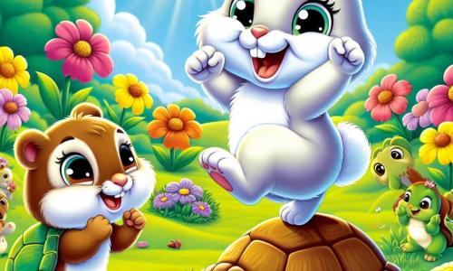 An illustration depicts a small white rabbit with bright eyes and long ears, expressing great joy and determination. It is enthusiastically jumping on a sunny stage surrounded by colorful flowers and green grass. Nearby, a female squirrel with brown fur and sparkling eyes is clapping with a big smile, showing her support. A male turtle with a green shell and gentle eyes plays a cheerful rhythm by tapping on his shell, displaying an encouraging expression. The main setting is a bright meadow filled with vibrant flowers under a clear blue sky dotted with fluffy white clouds. Forest animals gather around the scene, creating a festive and joyful atmosphere. The main situation shows the little rabbit, after stumbling, getting back up with a big smile and starting to jump again, inspiring confidence and happiness in all who watch. Additional graphic elements include acorns and leaves scattered on the ground, sun rays illuminating the scene, and animal friends watching in admiration, all celebrating the courage and self-confidence of the little rabbit.