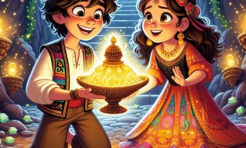 Aladdin, een jonge man met zwart, krullend haar, draagt een kleurrijke vest en een ruime broek. Zijn gezicht straalt blije vastberadenheid uit terwijl hij een oude lamp vasthoudt die een gouden gloed uitstraalt, in het midden van een mysterieuze grot. Naast hem staat Jasmine, een meisje van ongeveer 16 jaar met lang bruin haar en sprankelende ogen, die een elegante, kleurrijke jurk draagt. Ze kijkt Aladdin bewonderend aan, klaar om dit avontuur te delen. De grot is gevuld met schitterende kristallen die levendige kleuren op de muren reflecteren, wat een magische sfeer creëert. Stalactieten hangen aan het plafond en op de grond voegen groene lianen een vleugje mysterie toe. De belangrijkste situatie toont Aladdin en Jasmine die de magische lamp ontdekken, omringd door een gouden licht dat van het voorwerp lijkt te komen, wat hoop en ontwakende dromen symboliseert.