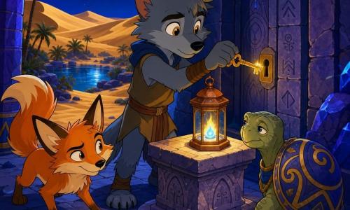 Een verlegen maar vastberaden jonge weerwolf met zacht grijsblauw vachtje en glanzende amberogen plaatst een kleine koperen lantaarn met een minivlam in blauw en goud op een stenen voetstuk terwijl hij een blinkende sleutel in een oude sleutelplaats steekt; een sluwe roodbruine woestijnvos met een pluimstaart loopt naast hem, nieuwsgierig naar de lantaarn; een wijze oude schildpad met een schild versierd in blauw en goud zit bij de tempelpoort en kijkt vriendelijk toe; de scène speelt zich af in een nachtelijke oase tussen fonkelende gouden duinen en saffierblauwe rotsen onder een sterrenhemel met een zilveren maan, de kleine stenen tempeldeur is met runen bewerkt en het versleten centrale voetstuk en binnenmuren tonen blauwe en paarse reflecties, een zacht gespannen, hoopvol lichtmoment.