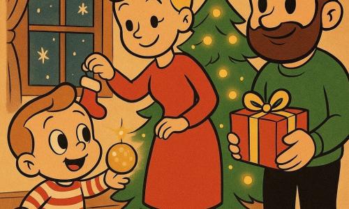 Ein zweijähriger Junge mit großen, staunenden Augen und einem strahlenden Lächeln streckt die Hand nach einer funkelnden Weihnachtskugel aus. Er trägt einen rot-weiß gestreiften Schlafanzug. Seine Mama, eine Frau in den Dreißigern mit blonden Haaren, die zu einem Dutt gebunden sind, lächelt zärtlich, während sie eine kleine, niedliche rote Socke an den Baum hängt. Der Papa, ein Mann in den Dreißigern mit braunem Bart und grünem Pullover, hält ein buntes Geschenk und schaut seinen Sohn liebevoll an. Die Szene spielt in einem gemütlichen Wohnzimmer, das weihnachtlich dekoriert ist, mit einem großen grünen Baum, der von Lichterketten erleuchtet wird, und Schneeflocken, die durch das Fenster sichtbar sind. Die Hauptsituation zeigt den Jungen fasziniert von den Weihnachtsdekorationen und schafft eine Atmosphäre der Freude und festlichen Magie.