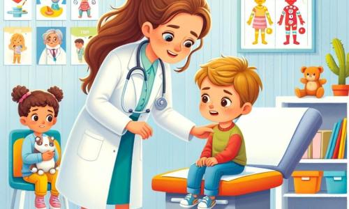 Dr. Lily is a smiling female doctor with long brown hair tied in a ponytail. She wears a spotless white coat and a stethoscope around her neck. She leans kindly towards a small boy, Tim, about 6 years old, with messy blonde hair and a worried face. Tim is sitting on an examination table, his small hands clutching his knees, while Dr. Lily speaks gently to reassure him. In the room, a 5-year-old girl with curly hair and bright eyes sits on a chair holding a stuffed animal, looking at Dr. Lily with hope, waiting for her turn to receive help. The setting is a bright and colorful consultation room, with health posters on the walls, toys scattered on the floor, and a window letting in sunlight, creating a warm and welcoming atmosphere. The main situation shows Dr. Lily examining Tim, who is complaining of a stomach ache, while the little girl patiently waits for her turn, surrounded by an atmosphere of care and comfort.