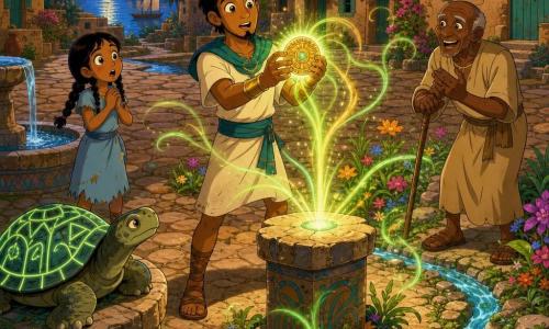 Un hombre llamado Amón, rostro bronceado, cabello corto y barba ligera, con expresión maravillada, sostiene un talismán dorado que pulsa luz verde esmeralda en el centro de una plaza de tierra; a su izquierda, una niña de unos 8 años con trenzas y vestido azul polvoriento mira sorprendida junto a una fuente de piedra; a su derecha, un anciano de unos 60 años con túnica color arena y sonrisa tierna aplaude apoyado en un bastón; una gran tortuga con motivos luminosos en el caparazón reposa en el borde de la fuente mirando el talismán; Amón coloca el talismán sobre un pedestal de piedra y de él brotan rayos verdes y dorados que hacen nacer al instante flores y hierbas multicolores y devuelven la vida al canal, todo en una plaza con adoquines irregulares, casas de adobe ocre con contraventanas turquesa, palmeras y el Nilo al fondo, con un ambiente féerico inserto en un escenario egipcio histórico.