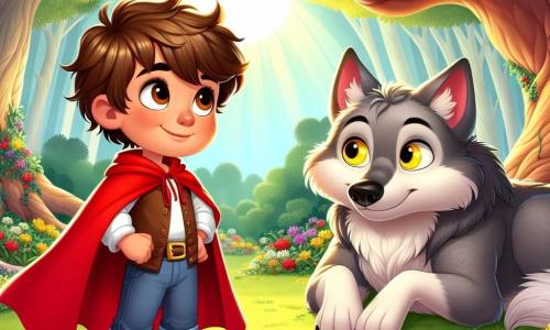 Un niño de 4 años, llamado Pablo, con cabello castaño desordenado y ojos brillantes de curiosidad, lleva una capa roja brillante. Tiene una sonrisa valiente en su rostro, mostrando su determinación. Pablo está de pie, con las manos en las caderas, frente a un gran lobo de pelaje gris y ojos amarillos, que parece sorprendido pero amistoso. El lobo, que parece tener unos 5 años en edad lobo, está sentado bajo un gran roble, con una expresión suave y una ligera sonrisa. Mira a Pablo con admiración, sosteniendo una zanahoria en su pata. La escena transcurre en un bosque encantado, con árboles majestuosos de hojas verdes brillantes, flores coloridas esparcidas por el suelo y rayos de sol filtrándose a través de las ramas. Pablo, con valentía, se dirige al lobo, listo para defender a sus amigos, mientras que el lobo, un poco tímido, expresa su deseo de compartir una sopa de verduras. La atmósfera es cálida y amistosa, llena de colores vivos y luz suave, ilustrando el comienzo de una hermosa amistad.