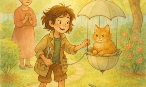 Ellie, an 11-year-old inventive girl with messy brown hair, a focused smile and sparkling eyes, wearing mismatched socks (a star and a gear) and a pocketed tool jacket, gently operates a pulley to lower a padded umbrella basket; nearby Mrs. Rivera, about 50 with gray hair in a bun, stands on the lawn by a wooden gate with a relieved, grateful expression and clasped hands; Marmalade, a fluffy ginger cat, sits alert and reassured in the "Cat Cloud" basket among the twisted branches of a large oak in a colorful suburban garden with a paved path, trimmed hedge, blooming rosebush and pale blue fence; soft, bright watercolor in pastel washes (warm yellows, soft greens, orange), delicate textures and white gel-pen highlights on metal, the basket and the cat's eyes.