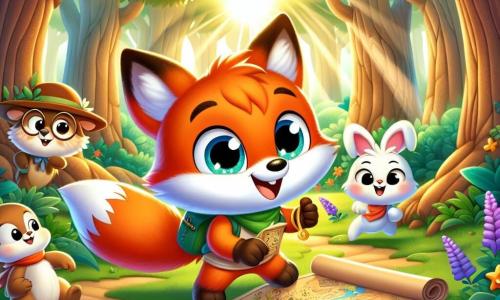Ein kleiner Fuchs namens Felix, mit leuchtend orangefarbenem Fell und neugierigen Augen, steht im Zentrum des Bildes und hält mit einem breiten Lächeln eine Schatzkarte. Rechts von ihm springt ein kleiner weißer Hase mit großen Ohren und einer aufgeregten Miene fröhlich herum, bereit für ein Abenteuer. Links schaut eine weise Eule mit braunen Federn und runden Augen aufmerksam auf die Karte und zeigt einen konzentrierten, nachdenklichen Ausdruck. Die Szenerie spielt in einem verzauberten Wald mit majestätischen Bäumen, leuchtend grünen Blättern und Sonnenstrahlen, die durch das Blätterdach filtern, was eine magische Atmosphäre schafft. Bunte Blumen und lustige Pilze schmücken den Boden und beleben die Szene. Felix und seine Freunde sind bereit, auf Schatzsuche zu gehen, umgeben von einer Atmosphäre voller Aufregung und Abenteuer, mit der Karte vor ihnen, die geheimnisvolle Wege und Hinweise zeigt.