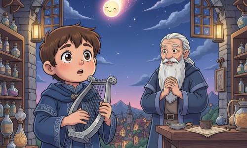 Un giovane ragazzo stregone di nome Leo, volto rotondo e occhi brillanti, espressione meravigliata e concentrata, veste una lunga tunica blu notte ricamata d'argento e suona dolcemente una piccola arpa d'argento; un vecchio stregone, Alaric, circa 70 anni con lunga barba bianca e sguardo benevolo, sta in disparte vicino a un banco di legno, mani giunte, sorridendo e osservando Leo; la cometa Stella è nel cielo come un corpo luminoso con una scia scintillante rosa e oro e un dolce volto sorridente che si inclina verso Leo come se ascoltasse la musica; l'officina di alchimia è una stanza di pietra con finestre aperte sulla notte, scaffali di fiale colorate, lanterne sospese e un tavolo di legno con pergameni e oggetti magici, luce calda mista al bagliore freddo delle stelle; la scena al crepuscolo sulla collina sopra il villaggio mostra Leo che suona sotto un cielo stellato mentre la cometa rallenta e inonda tutto di una tenue luce magica che illumina i volti, in uno stile manga chiaro e caldo, colori ricchi e contrastati, texture dettagliate e atmosfera tenera e meravigliosa.