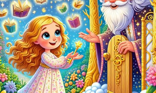 Una bambina di 8 anni, Lila, con capelli dorati come raggi di sole, occhi pieni di curiosità e un sorriso meravigliato, si trova davanti a un cancello di legno leggermente aperto. Indossa un vestito leggero a fiori e tende le mani verso la chiave d'oro che le porge il Saggio dei Sogni. Il Saggio, un uomo anziano con una lunga barba argentata e un mantello scintillante di stelle, è seduto su una panchina fatta di nuvole, con un sorriso benevolo. Sembra saggio e accogliente, circondato da libri fluttuanti che danzano intorno a lui. Il luogo è un giardino incantevole, pieno di alberi dai tronchi dorati e fiori colorati che cantano dolcemente. Libri con pagine che girano fluttuano nell'aria e sassi dalle forme strane si allineano sul terreno, creando un sentiero magico. La scena principale mostra Lila, affascinata, che ascolta attentamente il Saggio dei Sogni mentre si prepara a fare una scelta importante, circondata dalla magia e dalla bellezza del giardino.