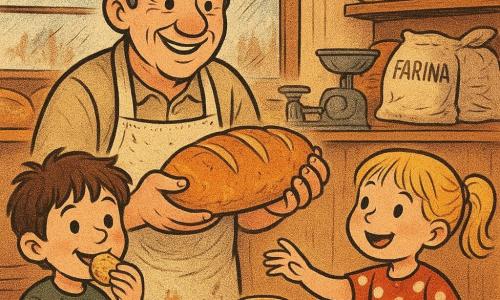 Un uomo — il panettiere Marco — sorridente e caloroso, capelli grigi ricci, grembiule di tela beige macchiato di farina, tiene una grande pagnotta dorata come un tesoro; un ragazzo di circa 7 anni, capelli castani scompigliati e occhi brillanti, mangia felice un pezzetto di pane caldo a sinistra del bancone; una bambina di circa 5 anni, con due codine bionde e vestito rosso a pois, tende la mano verso un vasetto di miele su un tavolo colorato a destra; sul bancone una vecchia bilancia in metallo e sacchi di farina con etichette scritte a mano, pareti in legno chiaro, scaffali pieni di pani dorati e luce calda che filtra da una vetrina appannata; scena in una piccola panetteria accogliente, il panettiere offre una degustazione ai bambini, atmosfera gioiosa, briciole e un lieve vapore che sale dalle pagnotte fresche.