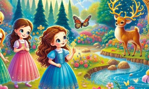 Quattro amiche, tutte ragazze di circa 8 anni, si trovano al centro di un giardino incantato. Anna, con i capelli ricci castani e un vestito rosa, sorride tenendo una piccola chiave d'oro scintillante. Alla sua destra, Elisa, con i capelli biondi e lisci, indossa un vestito blu e osserva una farfalla colorata che vola intorno a loro. A sinistra, Marta, con i capelli castani e una treccia, guarda con meraviglia un cervo dalle corna dorate che si erge maestoso vicino a un albero. Infine, Sofia, con i capelli rossi e un vestito verde, si avvicina a un ruscello d'acqua cristallina, affascinata dai riflessi dei fiori brillanti che la circondano. Il giardino è un luogo magico, pieno di fiori dai colori vivaci, grandi alberi dai tronchi dorati e un cielo blu punteggiato di nuvole soffici. I raggi di sole filtrano tra le foglie, creando ombre danzanti sul terreno. Le quattro amiche hanno appena scoperto una porta segreta in un albero, che hanno appena aperto con la chiave d'oro, rivelando questo mondo fatato dove si preparano a vivere un'avventura indimenticabile.