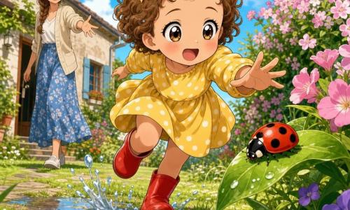 Bambina di 2 anni gioiosa e meravigliata, capelli castani ricci, vestito giallo a pois bianchi e stivaletti rossi, che corre tendendo la mano verso una coccinella rossa a punti neri su una foglia verde lucida in primo piano; una piccola rondine/blu tonda canta in volo sopra un cespuglio fiorito alla destra; la mamma di circa 30 anni, sorriso dolce, capelli castani in treccia e cardigan beige, è leggermente indietro a sinistra con il braccio teso come per chiamare la bambina; giardino primaverile soleggiato con erba verde, fiori rosa e viola, una piccola pozzanghera riflettente con spruzzi e cielo azzurro con nuvolette; scena centrale: la bambina segue la coccinella saltellando vicino alla pozzanghera, espressioni esagerate, colori saturi, composizione centrata, atmosfera tenera e di scoperta.