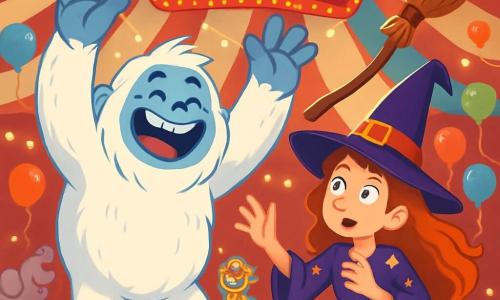 Un yeti adorable y peludo, con una gran sonrisa y ojos chispeantes de alegría, se encuentra en el centro de la escena. Tiene un pelaje blanco y suave, brazos anchos y pies enormes, y se ríe a carcajadas, con los brazos levantados hacia el cielo. A su lado, una bruja torpe, Babette, de unos 30 años, con largos cabellos rizados y un sombrero puntiagudo, intenta atrapar su escoba traviesa que vuela a su alrededor. Lleva un vestido colorido adornado con estrellas brillantes y parece a la vez divertida y un poco frustrada. El decorado se sitúa en el Gran Circo Fantástico, una gran carpa a rayas rojas y blancas, llena de luces brillantes y globos coloridos. Al fondo, elefantes voladores y payasos risueños añaden un ambiente festivo. La situación principal muestra a Yulo, el yeti, ayudando a Babette a atrapar su escoba mientras ríen, creando una atmósfera alegre y mágica.