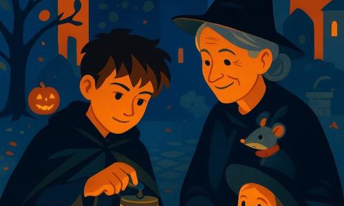Ein 12-jähriger Junge, konzentriert und stolz mit leicht lächelndem Gesicht und zerzausten braunen Haaren, trägt einen dunklen Mantel und eine Stoffcape und hält ein Einmachglas als Laterne, an dem er an einer kleinen Metallrolle dreht; daneben steht die etwa 60-jährige Frau Kruse mit grauem Dutt und leicht zerknittertem schwarzem Kegelhut, mit wohlwollendem Lächeln, die mit einer Hand am Rand einer alten Bank ruht und leicht ihr Hütchen anhebt, aus dessen Spitze die winzige graue Maus Chrono mit rotem Stoffschal herausblickt; im Hintergrund eine circa 10-jährige Mila verkleidet als Hexe mit pinkem Besen, staunend eine zerknitterte Karte haltend; Schauplatz: gepflasterter Innenhof bei indigo Nacht, hängende gelbe Lichterketten, geschnitzte Kürbisse auf Stufen, wirbelndes Herbstlaub, ein alter Apfelbaum und ein steinerner Brunnen; Hauptsituation: Entdeckungsmoment — die Laternenlichtintensität ändert sich beim Drehen der Rolle, warme leicht geheimnisvolle Atmosphäre mit kontrastreichen Farben.
