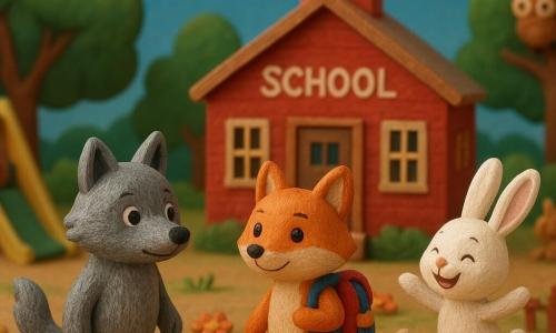 A little wolf named Leo, with soft gray fur and bright curious eyes, stands in front of a large red school surrounded by green trees. He looks both nervous and excited, with his ears perked up and his tail wagging slightly. Next to him is a small fox named Fiona, with bright orange fur and sparkling eyes, smiling warmly while holding a small colorful backpack. A little rabbit named Benny, with long ears and white fur, hops joyfully nearby, sporting a big smile. The scene takes place in a lively schoolyard filled with colorful flowers and wooden games, under a bright blue sky. The main focus shows Leo, Fiona, and Benny preparing to enter the school, surrounded by laughter and joy, while other animals play around them, creating an atmosphere of excitement and friendship.