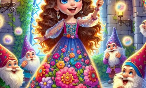 Una niña de 12 años, Lila, con largos cabellos rizados y ojos llenos de curiosidad, se encuentra en el centro de la escena, sonriendo y llena de energía. Lleva un vestido colorido adornado con flores y sostiene una varita mágica brillante en su mano. A su lado, un grupo de gnomos traviesos, todos de unos 10 años, con gorros puntiagudos y barbas espesas, ríen y se divierten, lanzando nubes de algodón sobre sus cabezas. El decorado es un castillo encantado, con paredes de piedra cubiertas de hiedra, ventanas de vitrales coloridos y muebles flotantes que añaden un toque de magia. La luz suave filtra a través de las ventanas, creando un ambiente cálido y alegre. La escena principal muestra a Lila lanzando un hechizo para dispersar una bruma mágica, mientras los gnomos, al fondo, se divierten haciendo burbujas de algodón que flotan en el aire, llenando la habitación de risas y colores vibrantes.