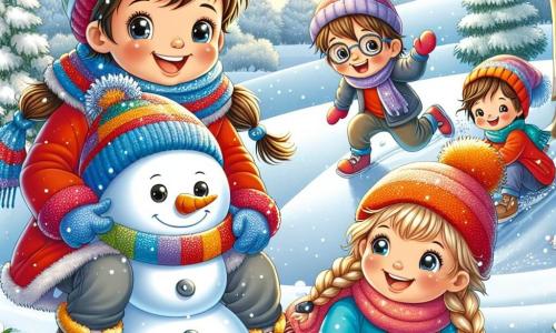 Un niño de 7 años, llamado Mateo, con cabello castaño desordenado y ojos brillantes de curiosidad, está deslizándose alegremente por una pequeña colina nevada. Lleva un abrigo rojo brillante, un gorro de lana azul y guantes coloridos, mostrando una amplia sonrisa de emoción en su rostro. A su lado, su mejor amiga Andrea, una niña de 7 años con trenzas rubias y mejillas sonrosadas, ríe mientras lanza una bola de nieve, vestida con una bufanda de rayas multicolores. Un poco más lejos, Tomás, un niño de 7 años con gafas y cabello negro, está construyendo un muñeco de nieve, concentrado y sonriente, con una zanahoria como nariz y piedras como ojos. El lugar es un hermoso parque invernal, con árboles cubiertos de nieve brillante, un cielo azul claro y copos de nieve cayendo suavemente. La escena está llena de alegría y camaradería, ilustrando un momento de pura felicidad invernal donde los niños se divierten juntos en la nieve.